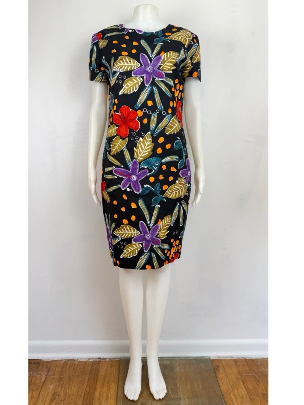 Vintage Floral Woven Linen Dress Size Medium 80s Tropical Flowers Sheath
